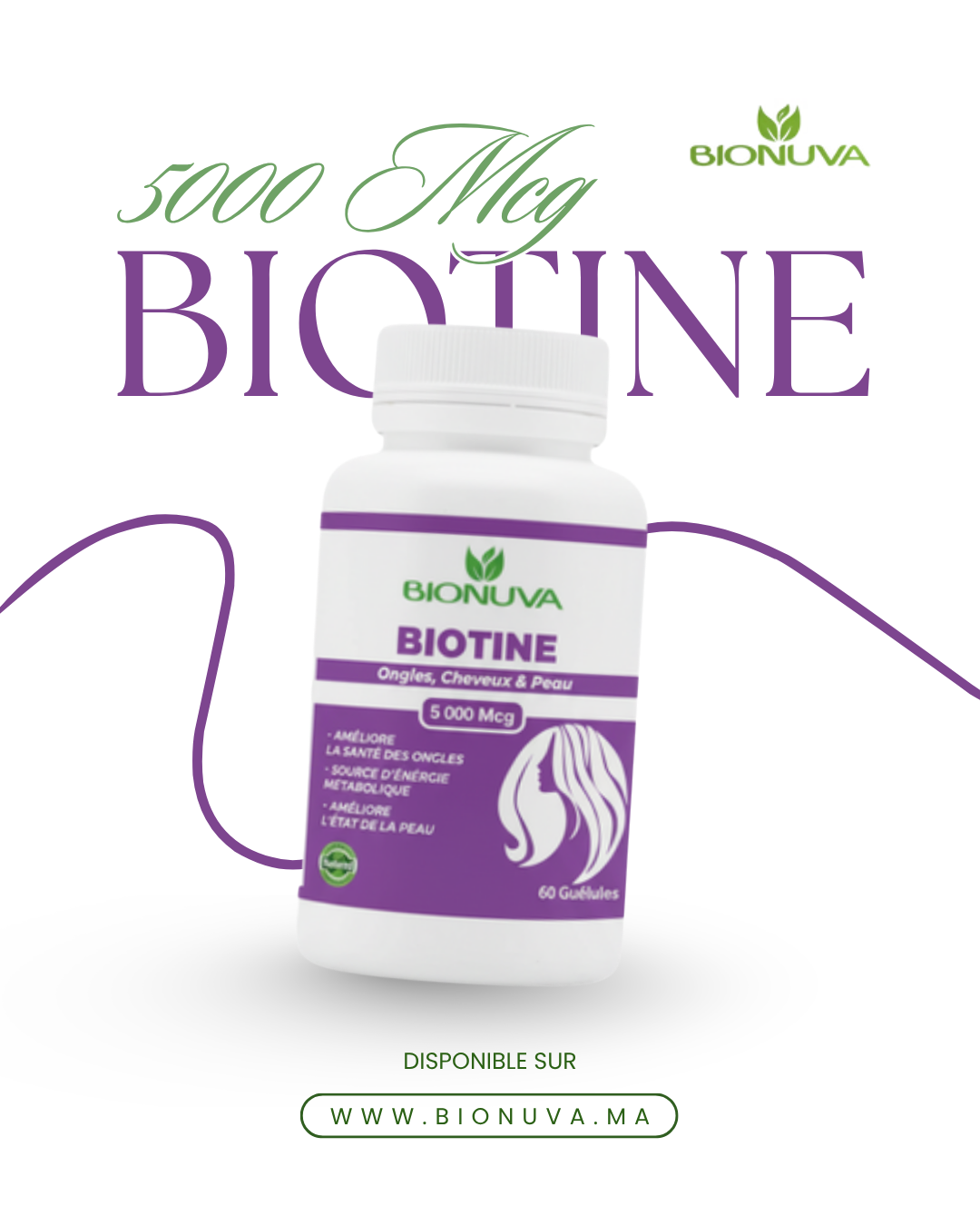 BIONUVA BIOTINE • Beauté des Cheveux & Ongles Forts • 60 Gélules
