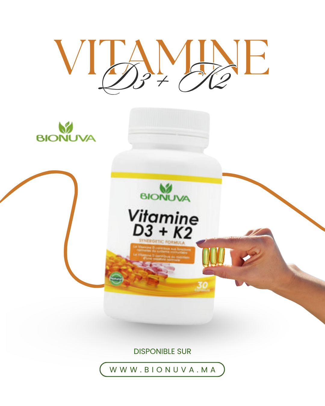 BIONUVA VITAMINE D3 + K2 • Fixation du Calcium & Capital Osseux • 30 Gélules